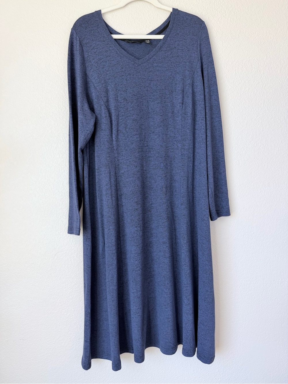 H by Halston 1X Blue V-Neck Long Sleeve Knit Midi Dress Stretch A-Line